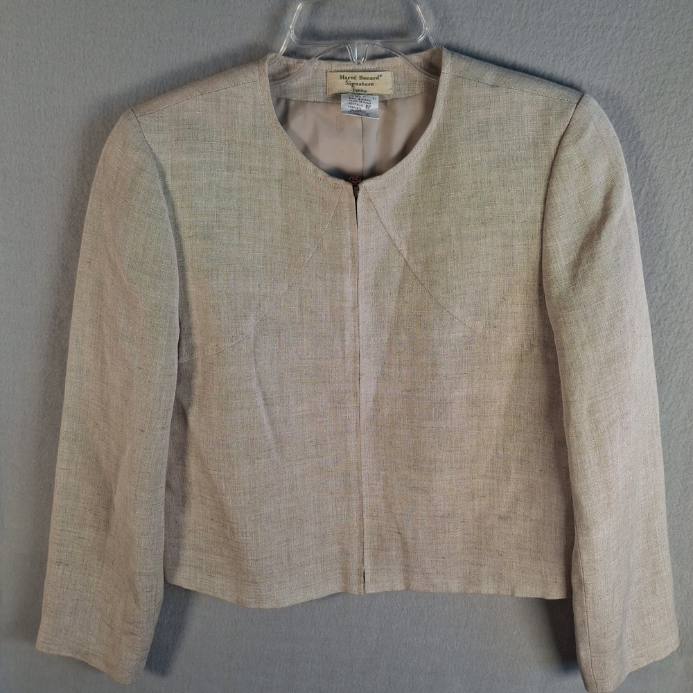Harve Benard Signature 8P Petite Linen Blend Zip‎ Front Jacket Minimalist Tan